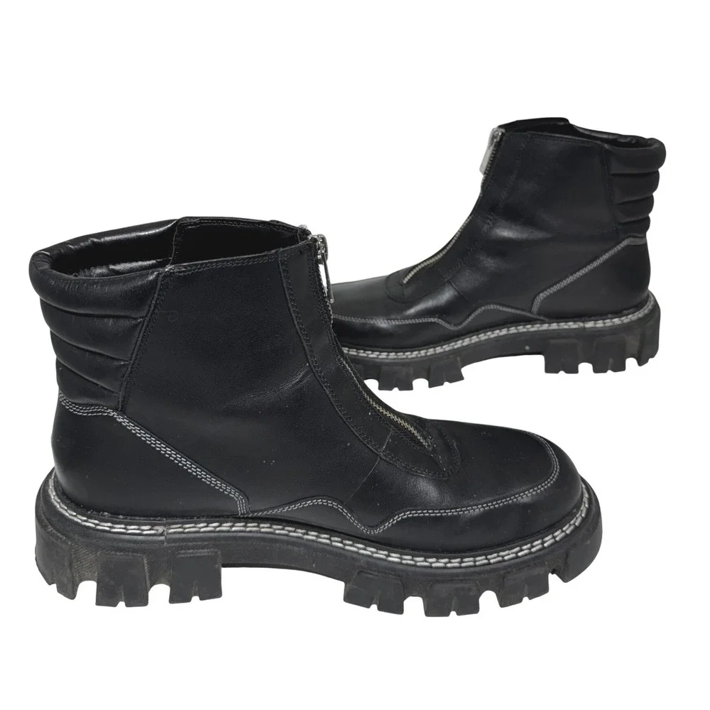 Marc Fisher LTD Mens Black Leather Front Zip Lug Sole Combat Boots Size 9.5M‎